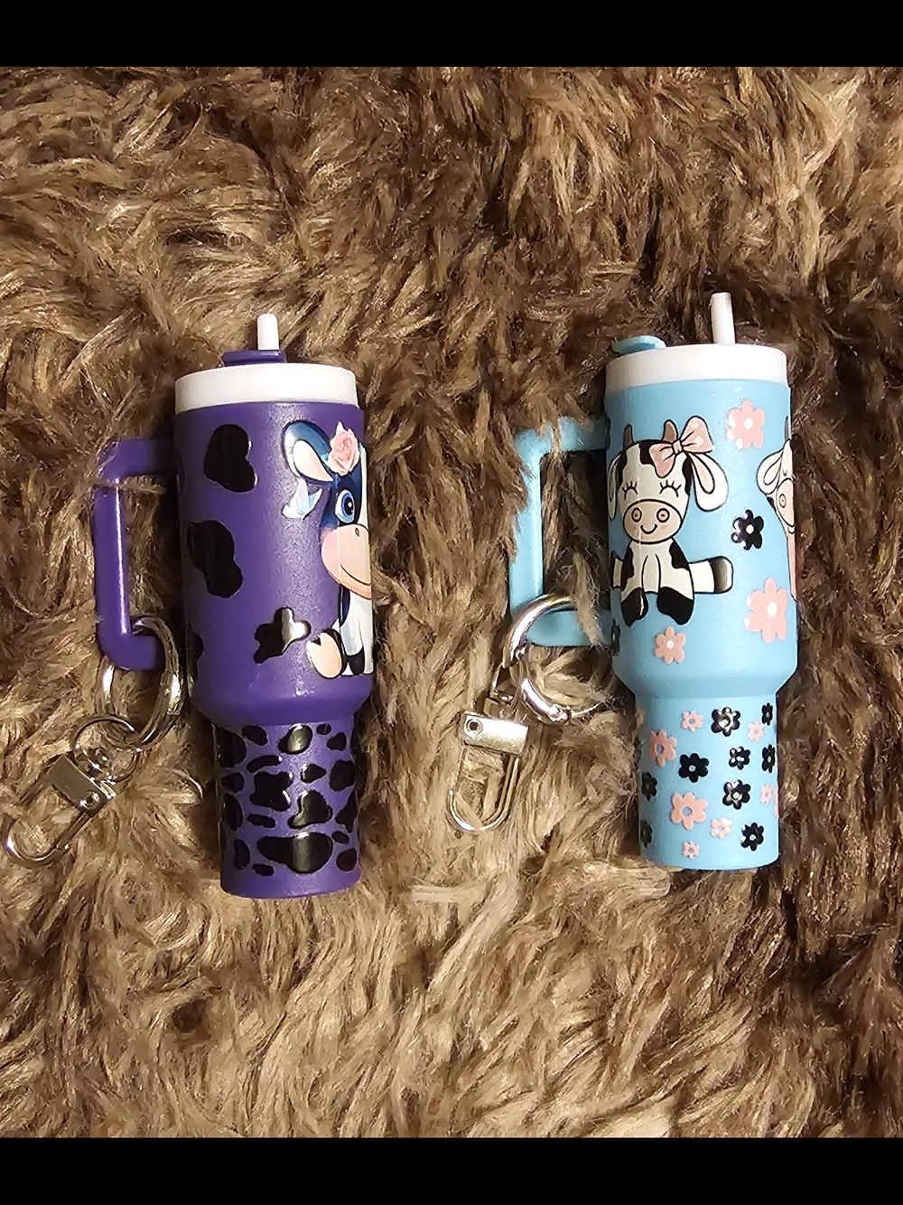 Cute Cow Print Tumbler Keychain/Bag Charm — Purple & Light Blue